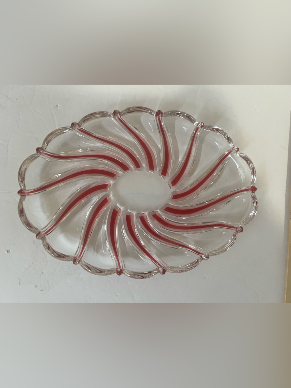 Vintage Heavy Art Glass Dish Bowl Red White Swirl Murano Style 10" No Flaws/chip